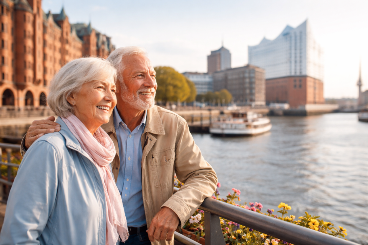 Ein Seniorenpaar steht Arm in Arm auf einer Brücke, die zur Hamburger Speicherstadt führt. Im Hintergrund ist die Elbphilharmonie.