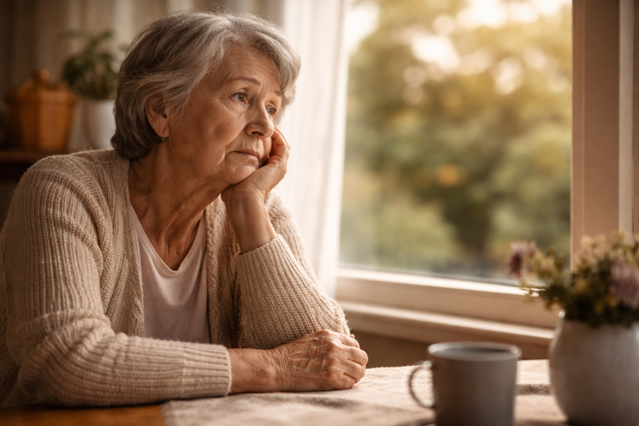 Ältere Frau schaut gedankenverloren aus dem Fenster