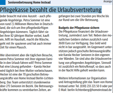 Anzeige Pflegekasse bezahlt die Urlaubsvertretung