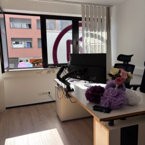 Helles Büro mit Schreibtisch und Blumen